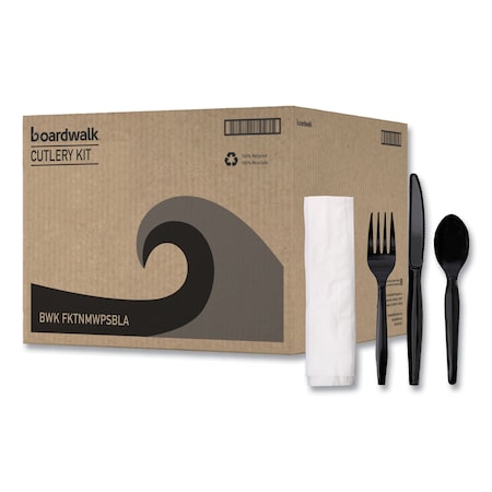 Boardwalk Four-Piece Cutlery Kit, Fork/Knife/Napkin/Teaspoon, Black, PK250 FKTNMWPSBLA